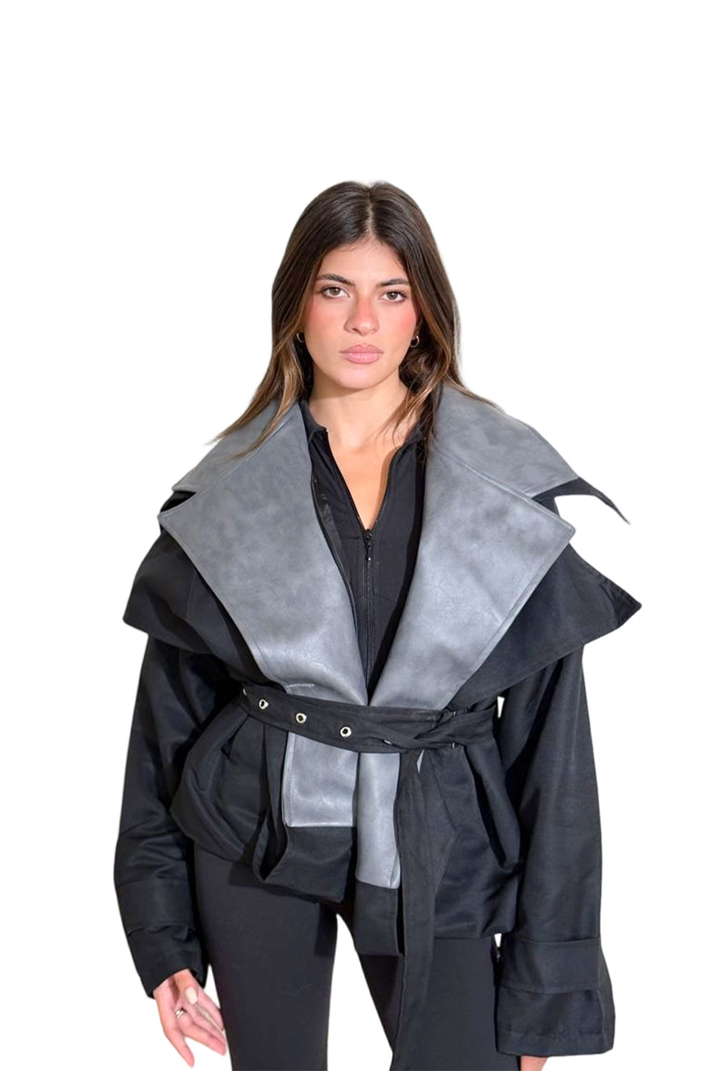 جاكيت جباردين مع جلد بحزام خصر