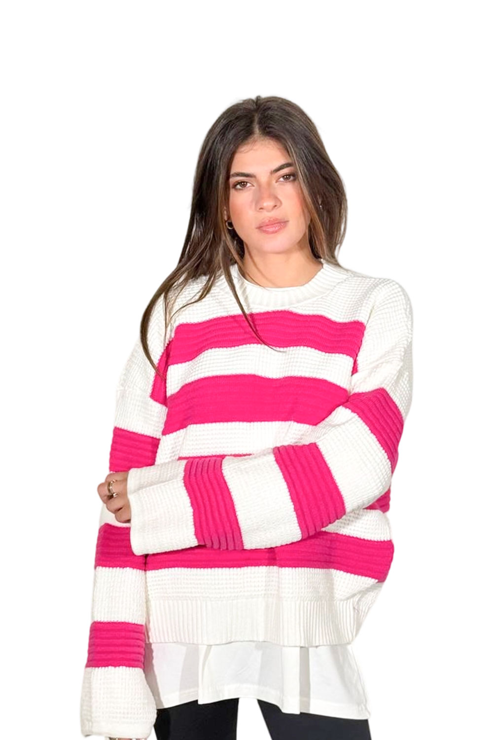 بلوفر تريكو مقلم برقبة مستديرة - الصورة 2